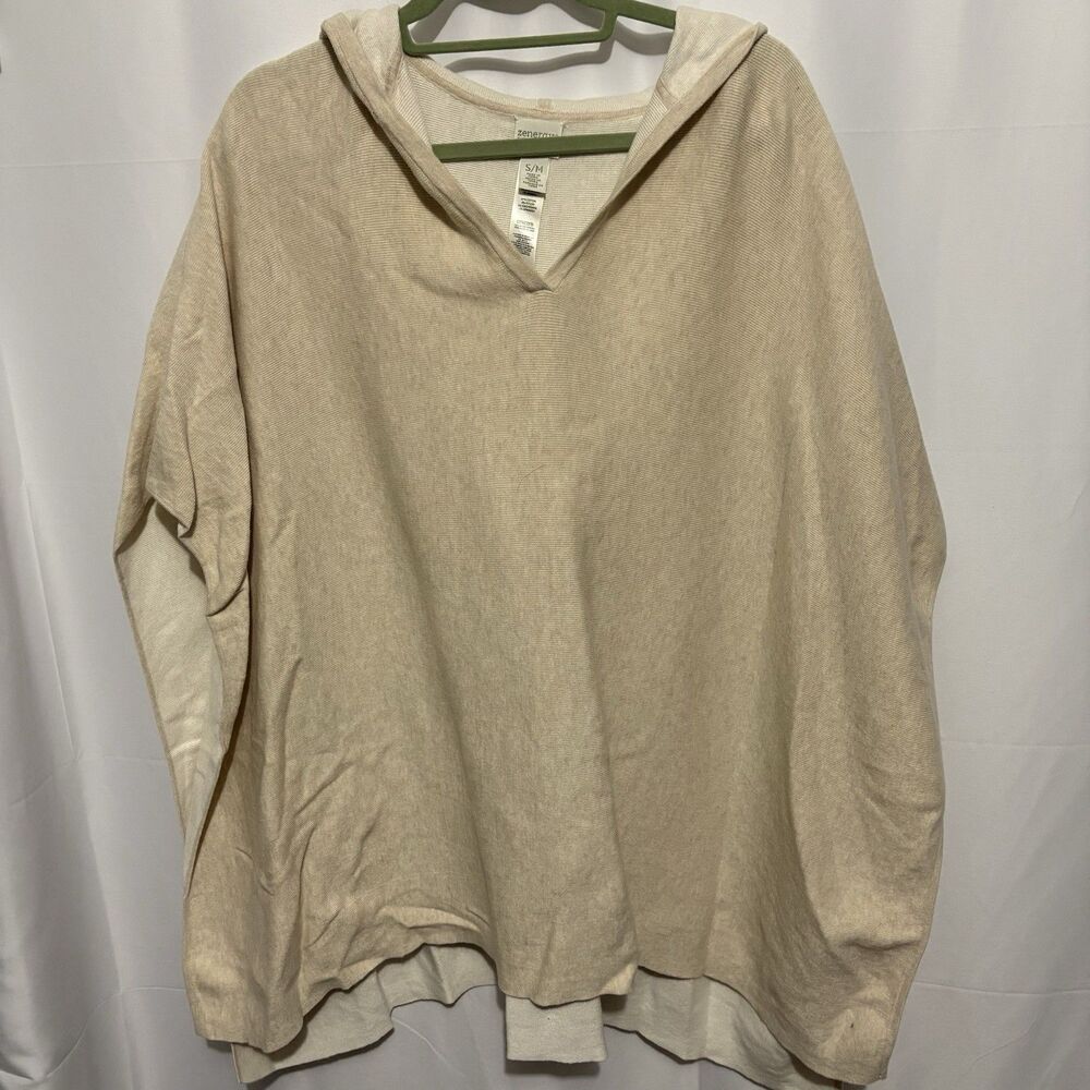 Chicos Womens SM/MD‎  Hooded Cape Poncho Tan Cream Knit Cotton Cashmere Travel